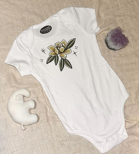 Short Sleeve Onesie - Yellow Flower - White