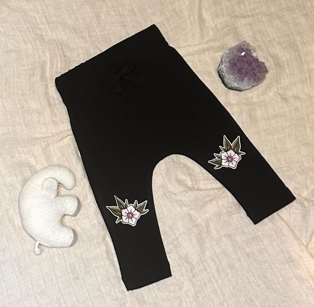Cotton Drawstring 'Knee Stamp' Pants - Pink Blossom
