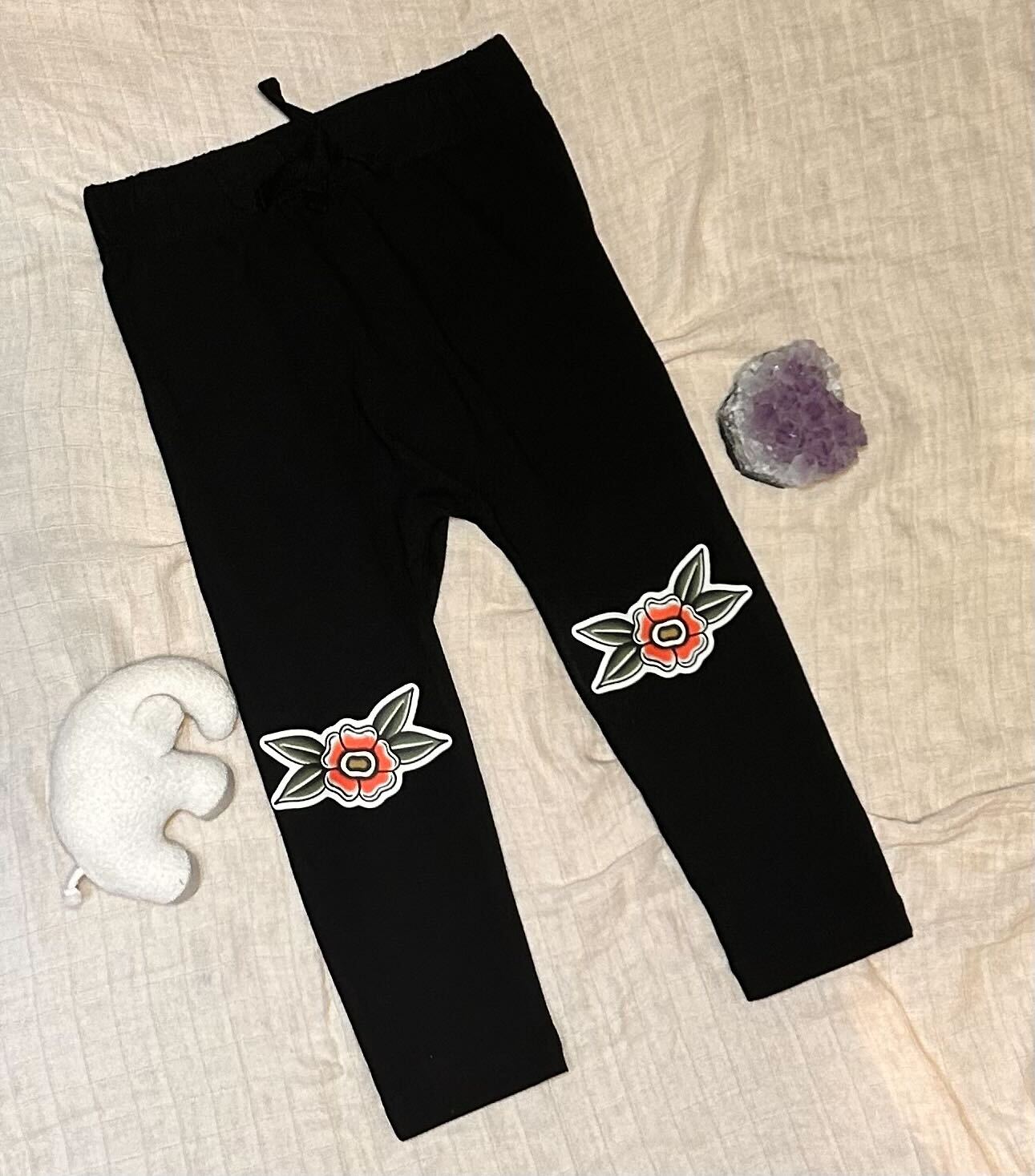 Cotton Drawstring 'Knee Stamp' Pants - Red Blossom
